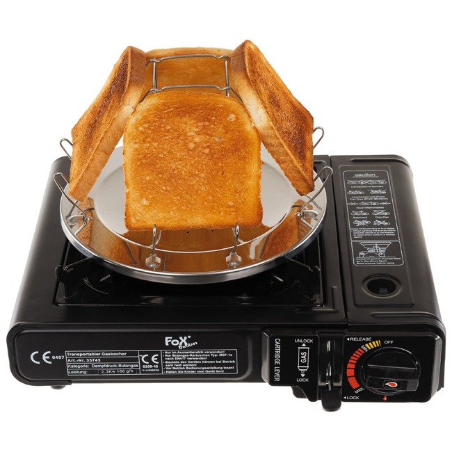 Camping toaster, foldable, for 4 slices, with tongs