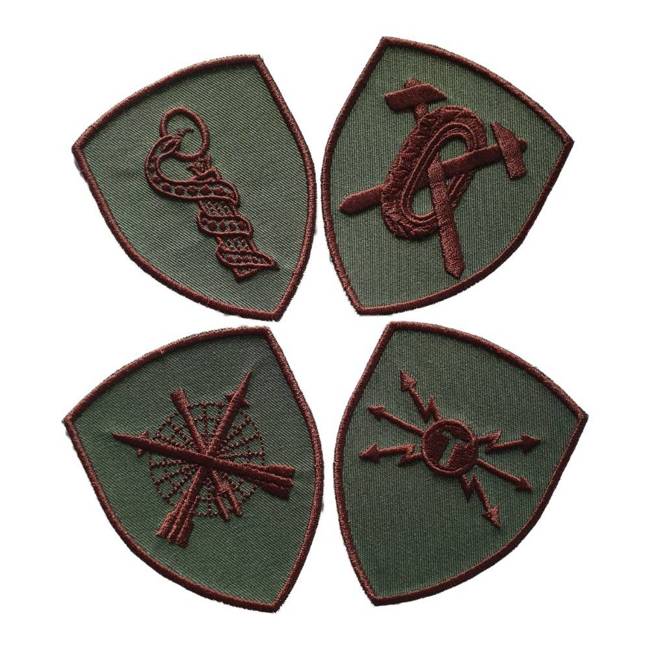 EMBROIDERED SLEEVE EMBLEM - SHIELD GUN SIGN - KHAKI WITH BROWN