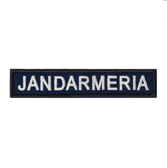 Ecuson "JANDARMERIA" piept, pe suport bleumarin și aplicare tip Velcro (cu scai) - 15x5 cm