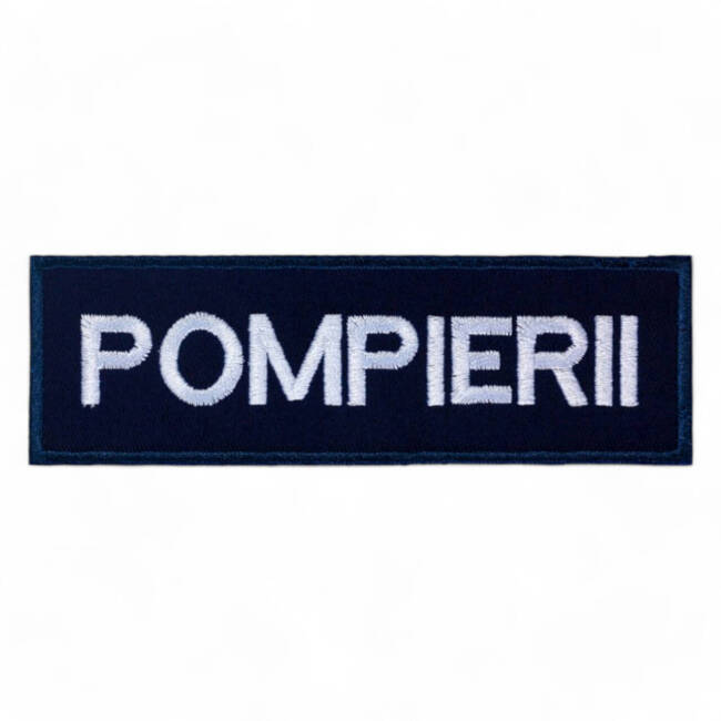 Ecuson POMPIERII piept cu contur bleumarin - aplicare prin coasere - 10x2,5 cm