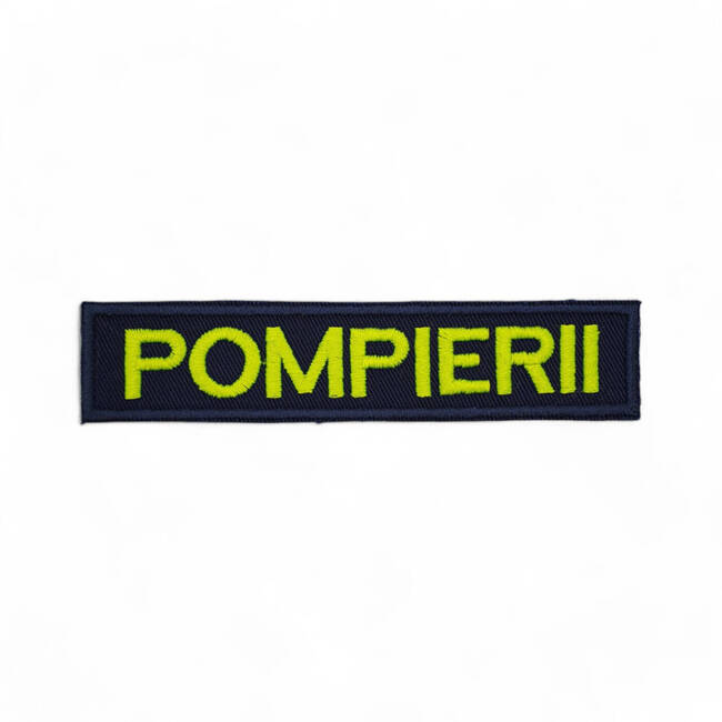 Ecuson POMPIERII piept cu text vernil fluorescent si contur rosu - aplicare prin coasere - 10x2,5 cm