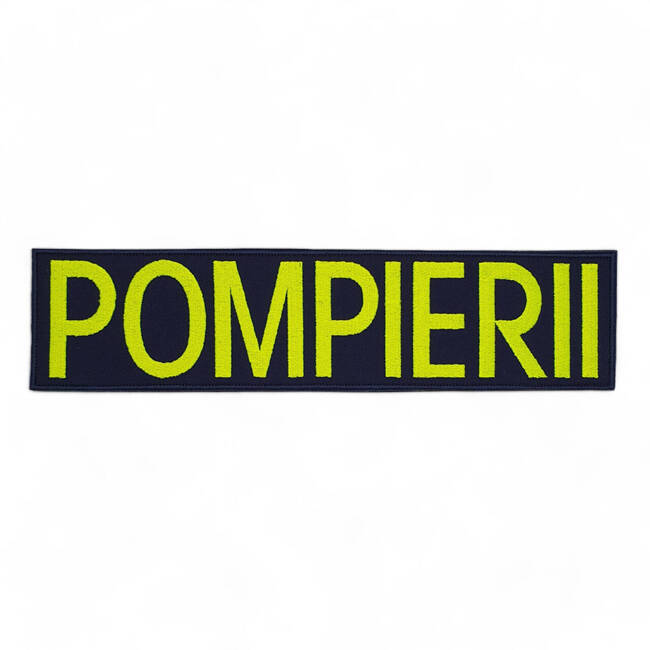 Emblema spate - POMPIERII - brodata pe suport albastru inchis (navy) cu contur bleumarin si text vernil fluorescent - aplicare termica - 24x7 cm