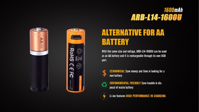 Fenix 14500 - 1600mAh - Micro-USB Rechargeable Battery - ARB-L 14-1600U