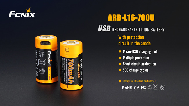 Fenix 16340 - 700mAh - Micro-USB Rechargeable Battery - ARB-L 16-700U