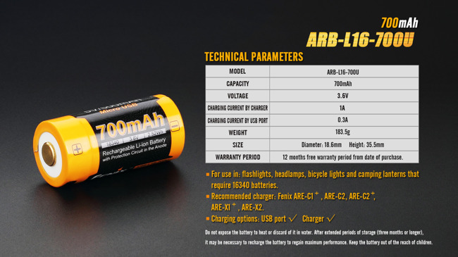 Fenix 16340 - 700mAh - Micro-USB Rechargeable Battery - ARB-L 16-700U