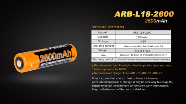 Fenix 18650 - 2600mAh - Rechargeable Battery - ARB-L 18-2600