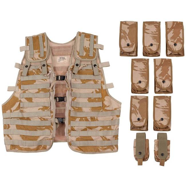 LOAD CARRYING TACTICAL VEST WITH 9 POUCHES - DPM DESERT - BRITISH MILITARY SURPLUS - LIKE NEW