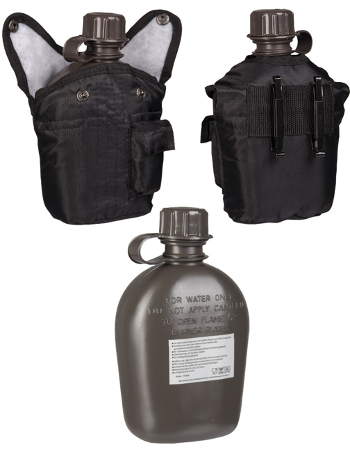 PLASTIC CANTEEN WITH COVER - US STYLE - 1 L - BLACK