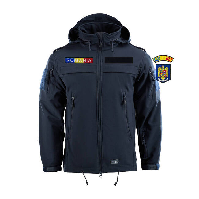 POLICE SOFTSHELL JACKET, DARK NAVY BLUE - M-TAC - WITH EMBLEMS - PRISON POLICE ANP