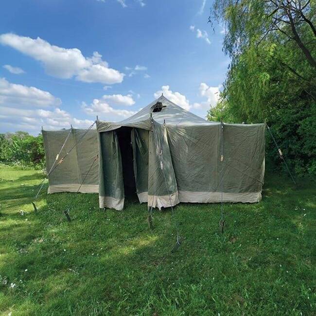 TENT WITH FRAME - 5 X 10 M - MILITARY SURPLUS EAST GERMAN ARMY - USED 