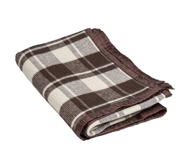 WOOL TARTAN BLANKET WHITE-BROWN PLAID - 145 x 200 CM - GENUINE MILITARY SURPLUS ROMANIAN ARMY - LIKE NEW