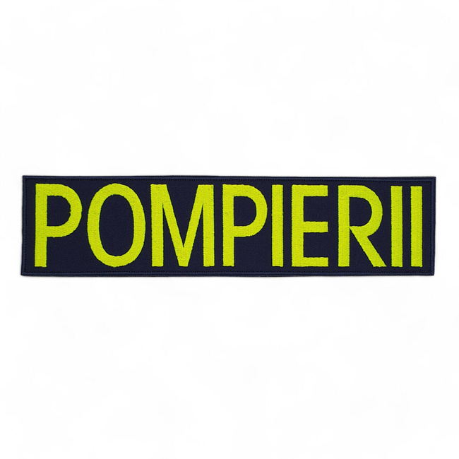 Emblema spate - POMPIERII - brodata pe suport negru cu contur rosu si text vernil fluorescent - aplicare Velcro (cu scai) - 20x5 cm