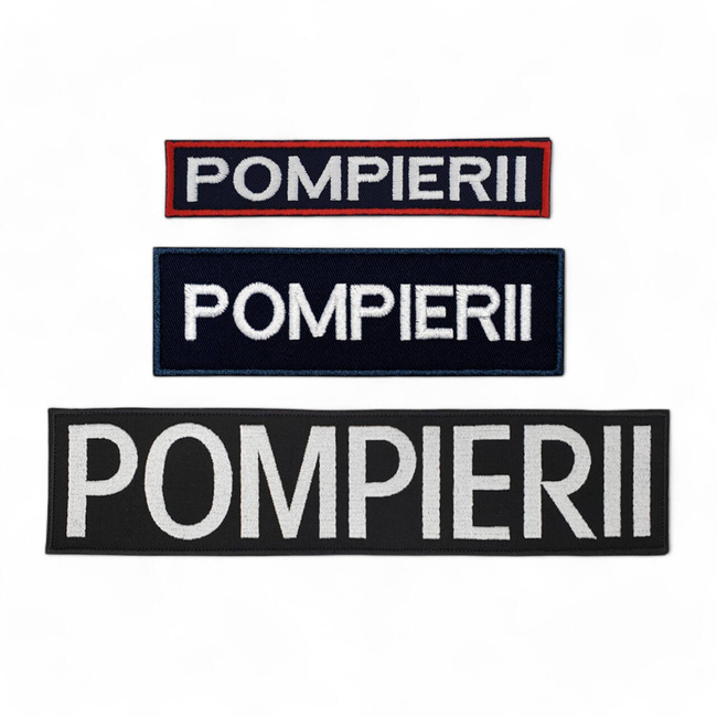 Emblema spate - POMPIERII - brodata pe suport negru cu contur rosu si text vernil fluorescent - aplicare prin coasere - 20x5 cm