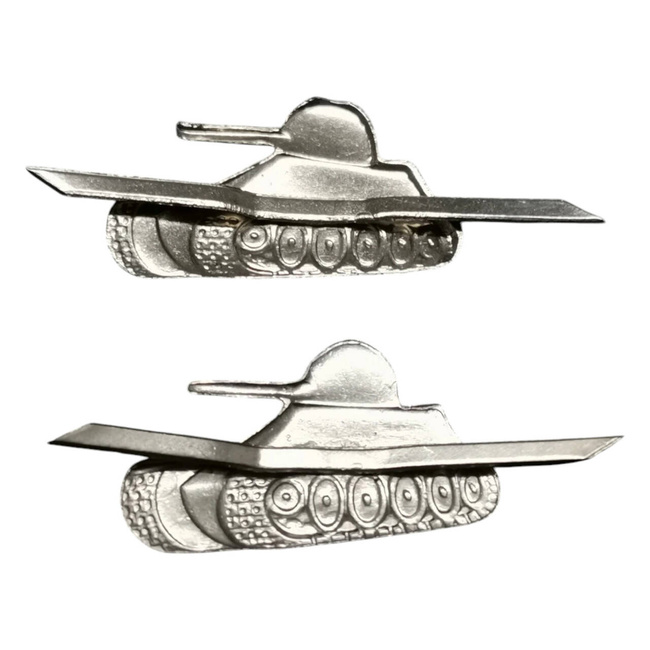 PAIR OF RANK INSIGNIA - TANKS - ROMANIAN ARMY MILITARY SURPLUS - SILVER - IN GOOD CONDITION