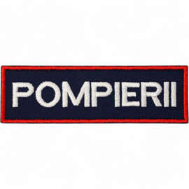 Emblema spate - POMPIERII - brodata pe suport albastru inchis (navy) cu contur rosu si text alb - aplicare Velcro (cu scai) - 20x5 cm