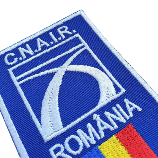 Emblema C.N.A.I.R. brodata pe suport albastru royal, cu aplicare Velcro (cu scai) - 8x5 cm