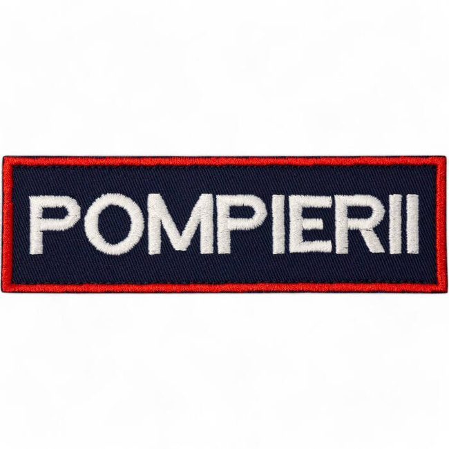 Emblema spate - POMPIERII - brodata pe suport albastru inchis (navy) cu contur rosu si text vernil fluorescent - aplicare Velcro (cu scai) - 20x5 cm