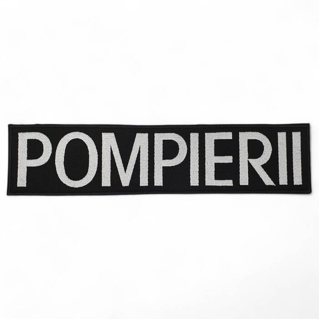 Emblema spate - POMPIERII - brodata pe suport negru cu contur rosu si text vernil fluorescent - aplicare Velcro (cu scai) - 20x5 cm