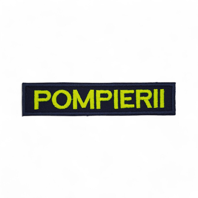 Ecuson POMPIERII piept cu text vernil fluorescent si contur rosu - aplicare Velcro (cu scai)- 10x2,5 cm