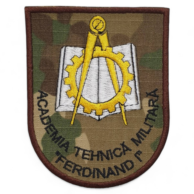 Emblema brodata Academia Tehnica Militara Ferdinand I cu aplicare Velcro (cu scai) - combat (camuflaj) forte terestre